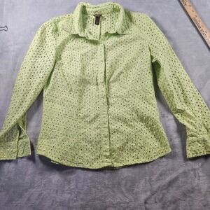 Boo Gemes Button Up Blouse Crocheted Eyelet Lime Green Size Medium
